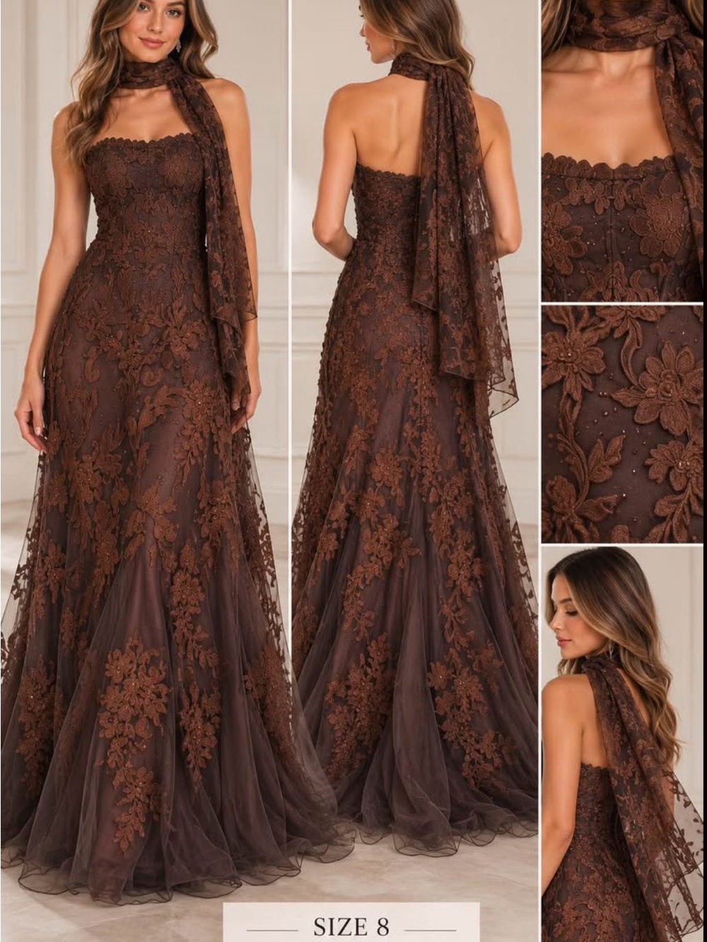 Elegant Strapless Brown Lace Evening Gown with Scarf